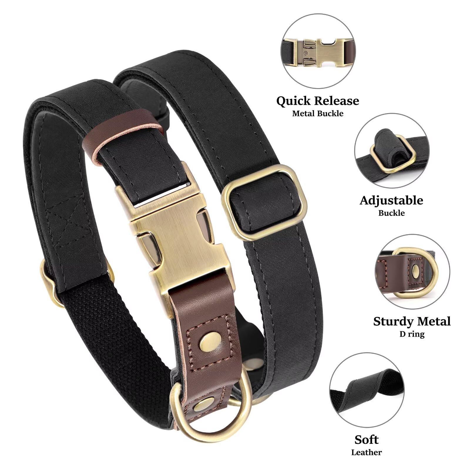 Didog Soft Padded Leather Dog Collar For Large Dogs, Classic Heavy Duty Dog Collars Adjustable With Quick Release Metal Buckle,B